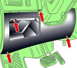 Расположение винтов крепления декоративной нижней накладки под панелью приборов со стороны водителя