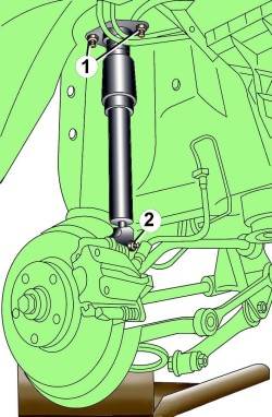 Расположение гаек (1) и болта (2) крепления заднего амортизатора и поднятие нижнего трапецеидального рычага приспособлением V.A.G 1359/2
