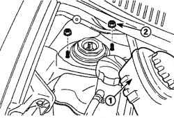 Расположение пополнительного бачка усилителя рулевого управления (1) и гаек (2) крепления амортизационной стойки со стороны переднего пассажира