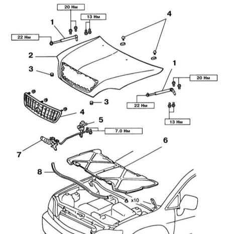  Снятие и установка капота, его замка и декоративной решётки радиатора Lexus RX300