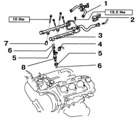  Снятие и установка топливных распределительных магистралей и инжекторов Lexus RX300