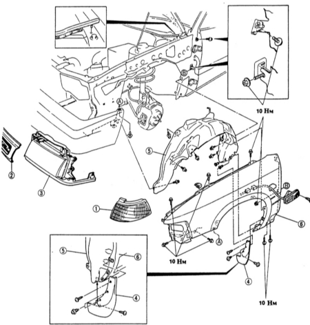  Снятие и установка переднего крыла Mazda 323