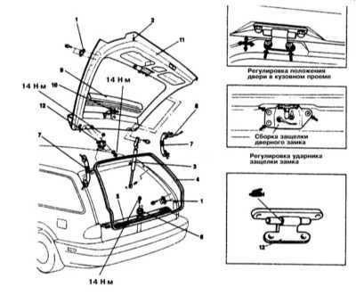  Снятие, установка и регулировка положения двери задка (модели Хэтчбэк и Универсал) Mitsubishi Galant